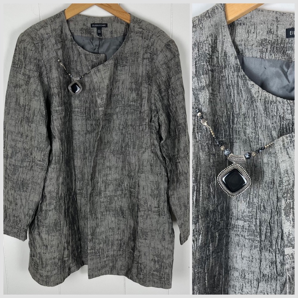 Eileen Fisher Blazer Jacket Large Gray Silk Asymmetrical Textured Pockets